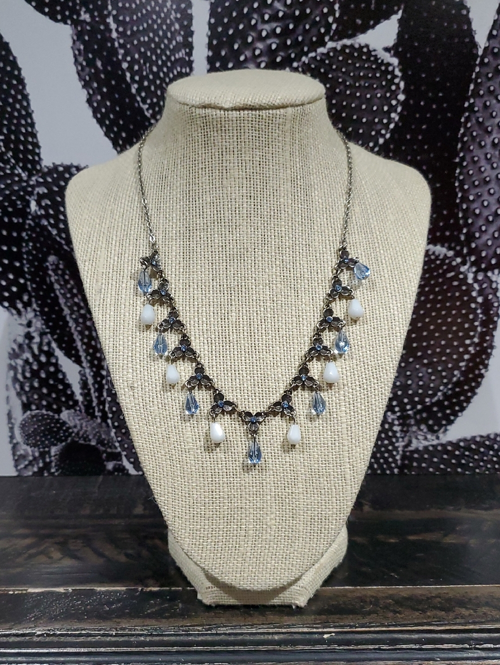Vintage White and Light Blue Teardrop Necklace